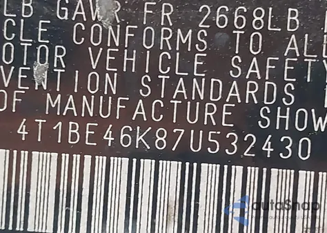 2007 Toyota Camry Se из США, поврежденный, VIN 4T1BE46K87U532430